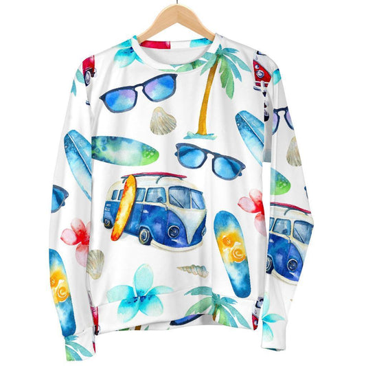 Watercolor Surfing Pattern Print Women's Crewneck Sweatshirt GearFrost