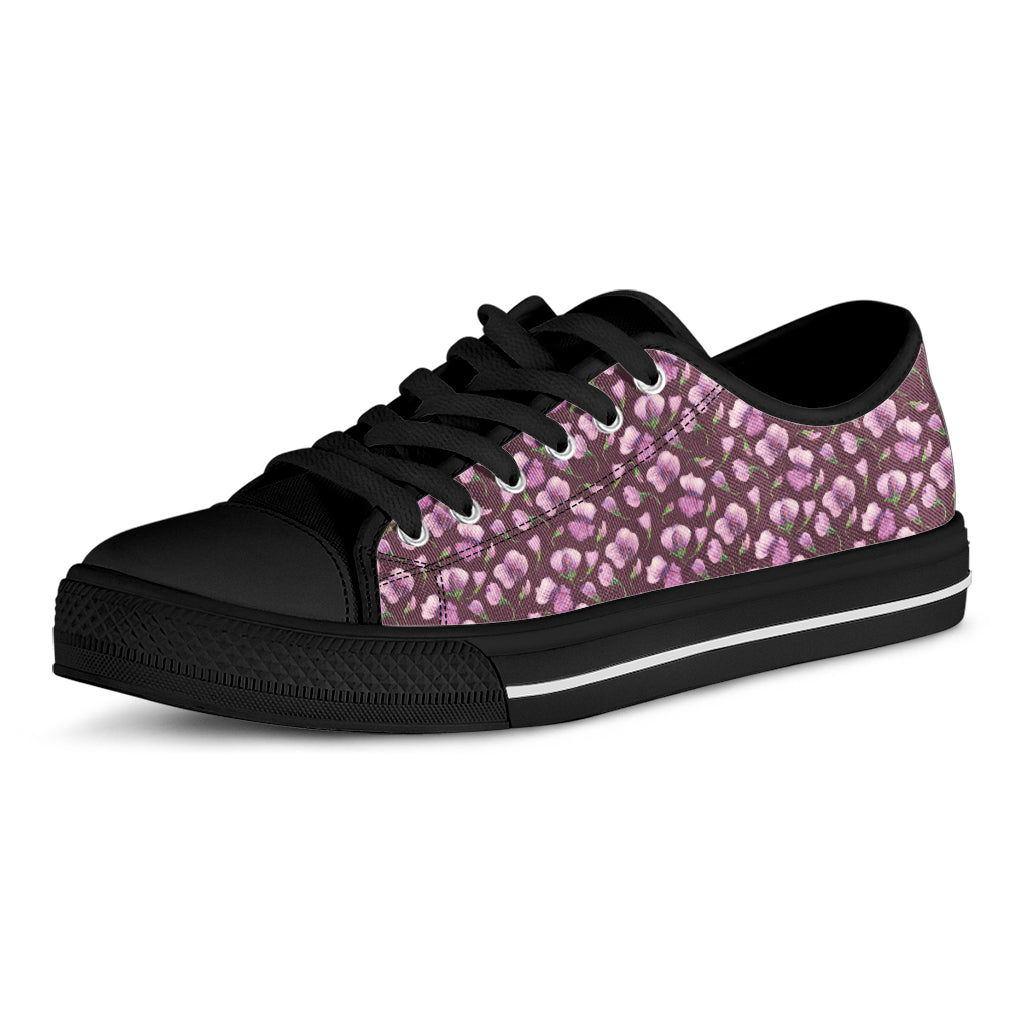 Watercolor Sweet Pea Pattern Print Black Low Top Shoes
