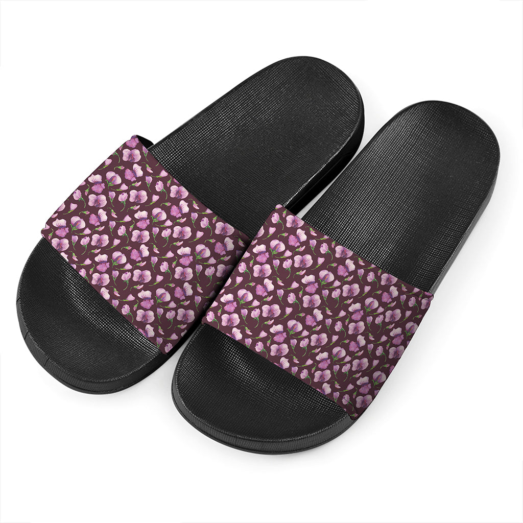 Watercolor Sweet Pea Pattern Print Black Slide Sandals