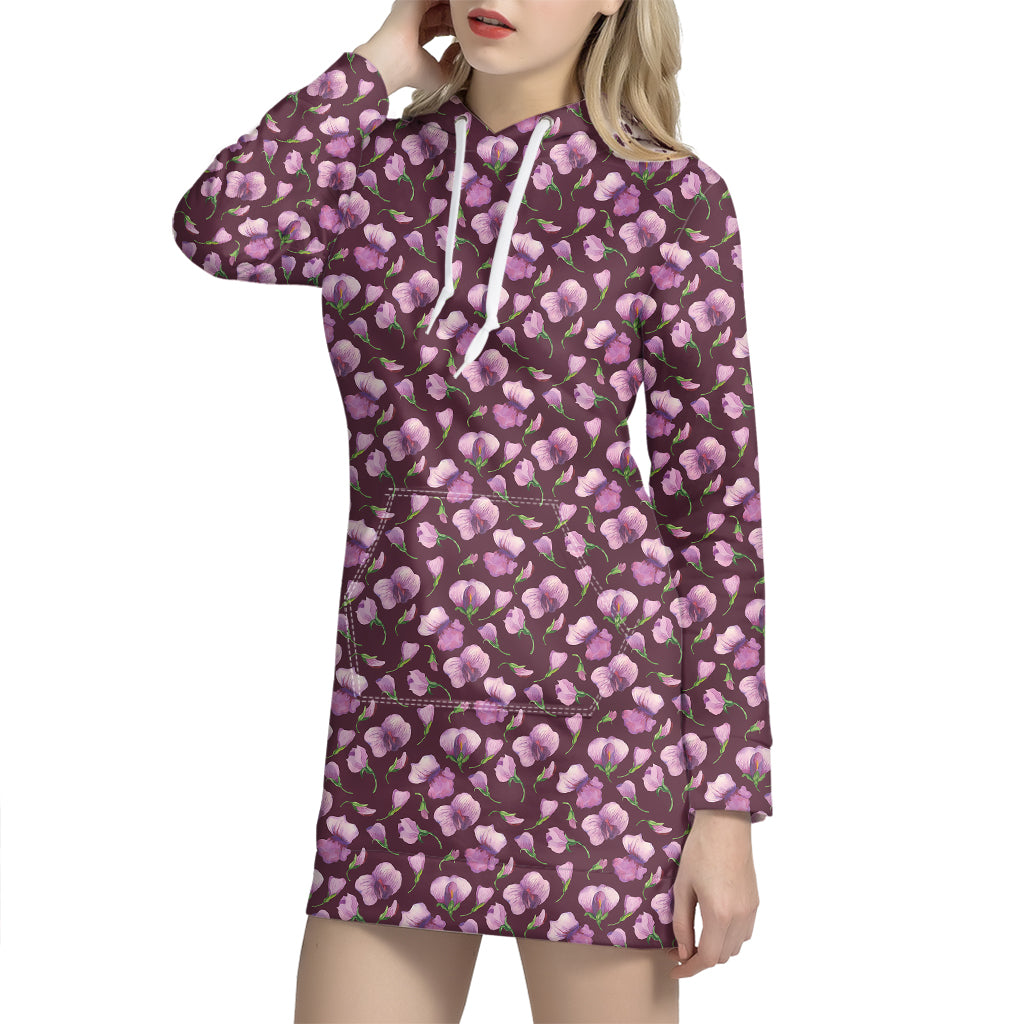 Watercolor Sweet Pea Pattern Print Hoodie Dress