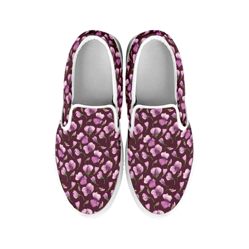 Watercolor Sweet Pea Pattern Print White Slip On Shoes
