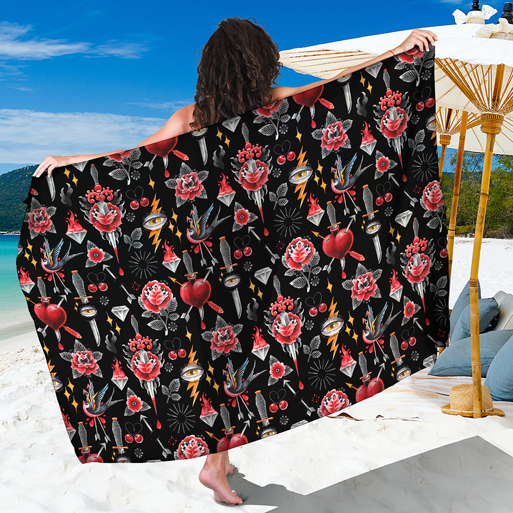 Watercolor Tattoo Print Beach Sarong Wrap