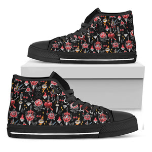 Watercolor Tattoo Print Black High Top Shoes