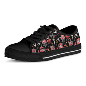 Watercolor Tattoo Print Black Low Top Shoes