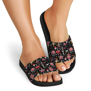 Watercolor Tattoo Print Black Slide Sandals