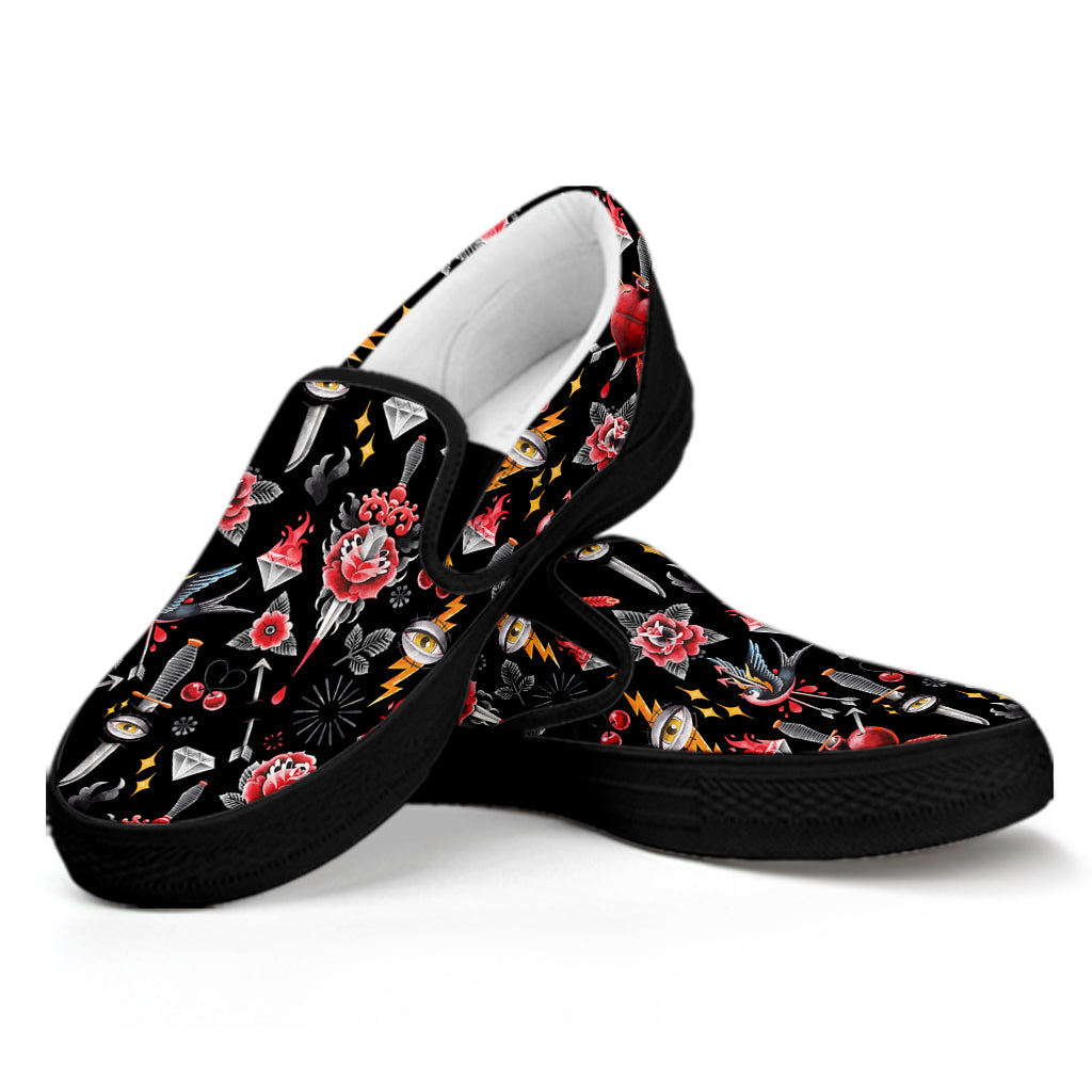 Watercolor Tattoo Print Black Slip On Shoes