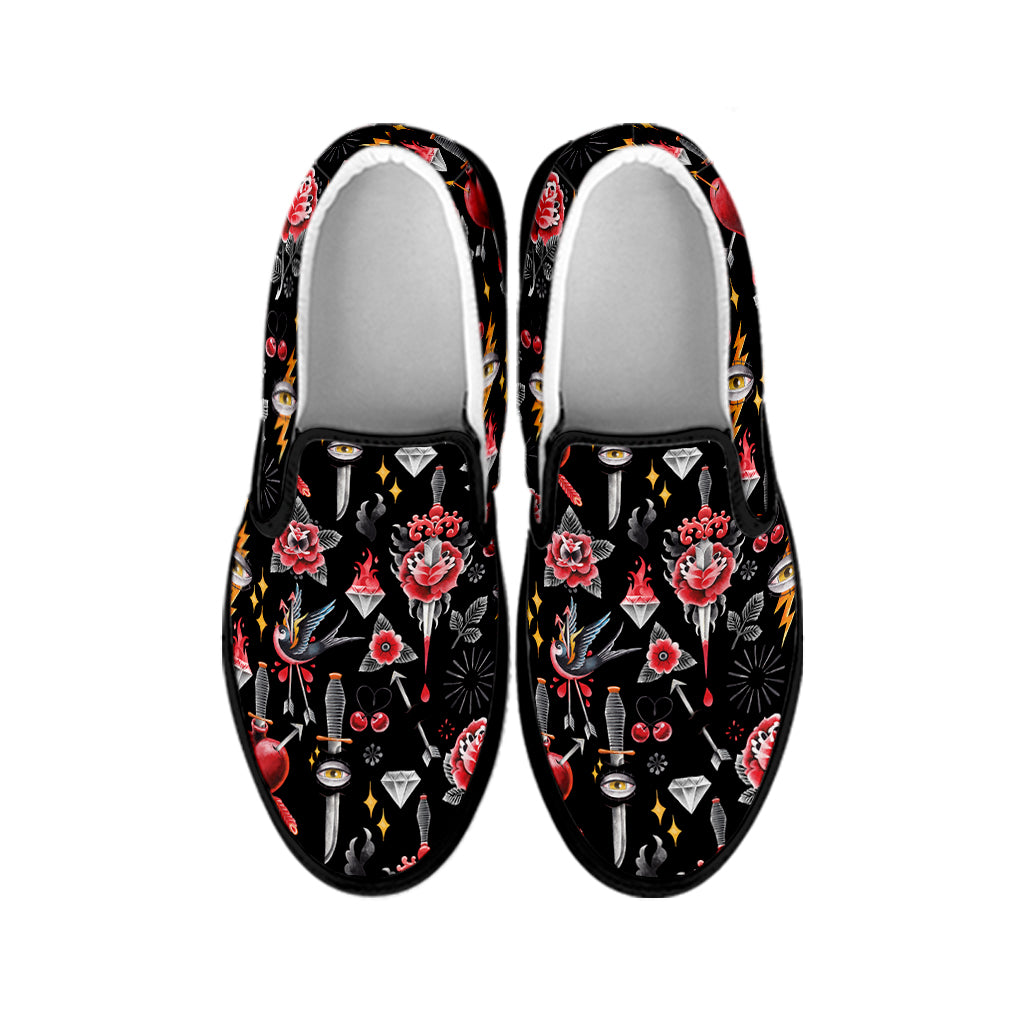 Watercolor Tattoo Print Black Slip On Shoes