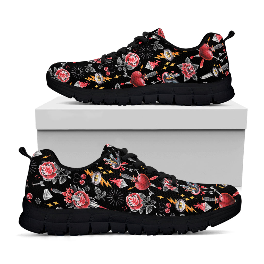 Watercolor Tattoo Print Black Sneakers