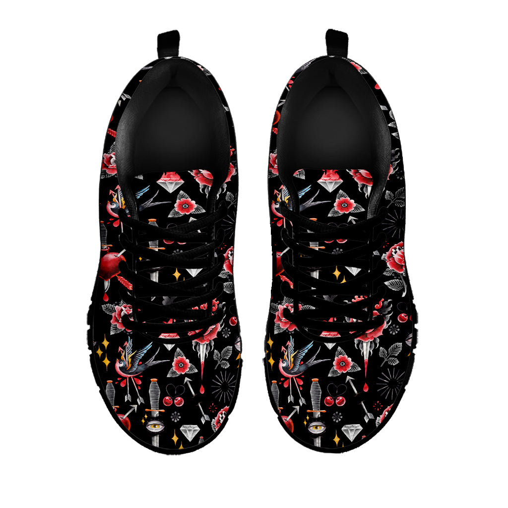 Watercolor Tattoo Print Black Sneakers