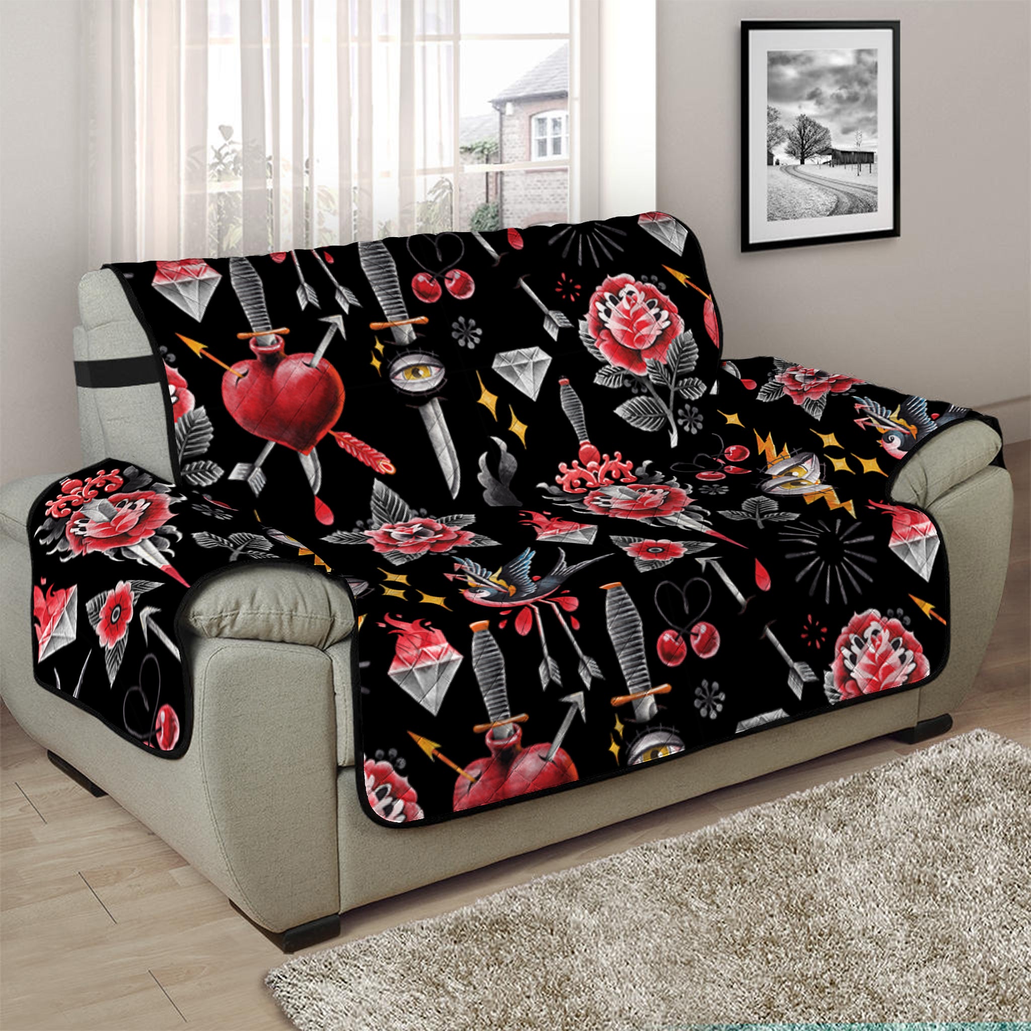 Watercolor Tattoo Print Half Sofa Protector