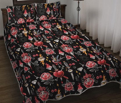 Watercolor Tattoo Print Quilt Bed Set