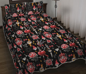 Watercolor Tattoo Print Quilt Bed Set