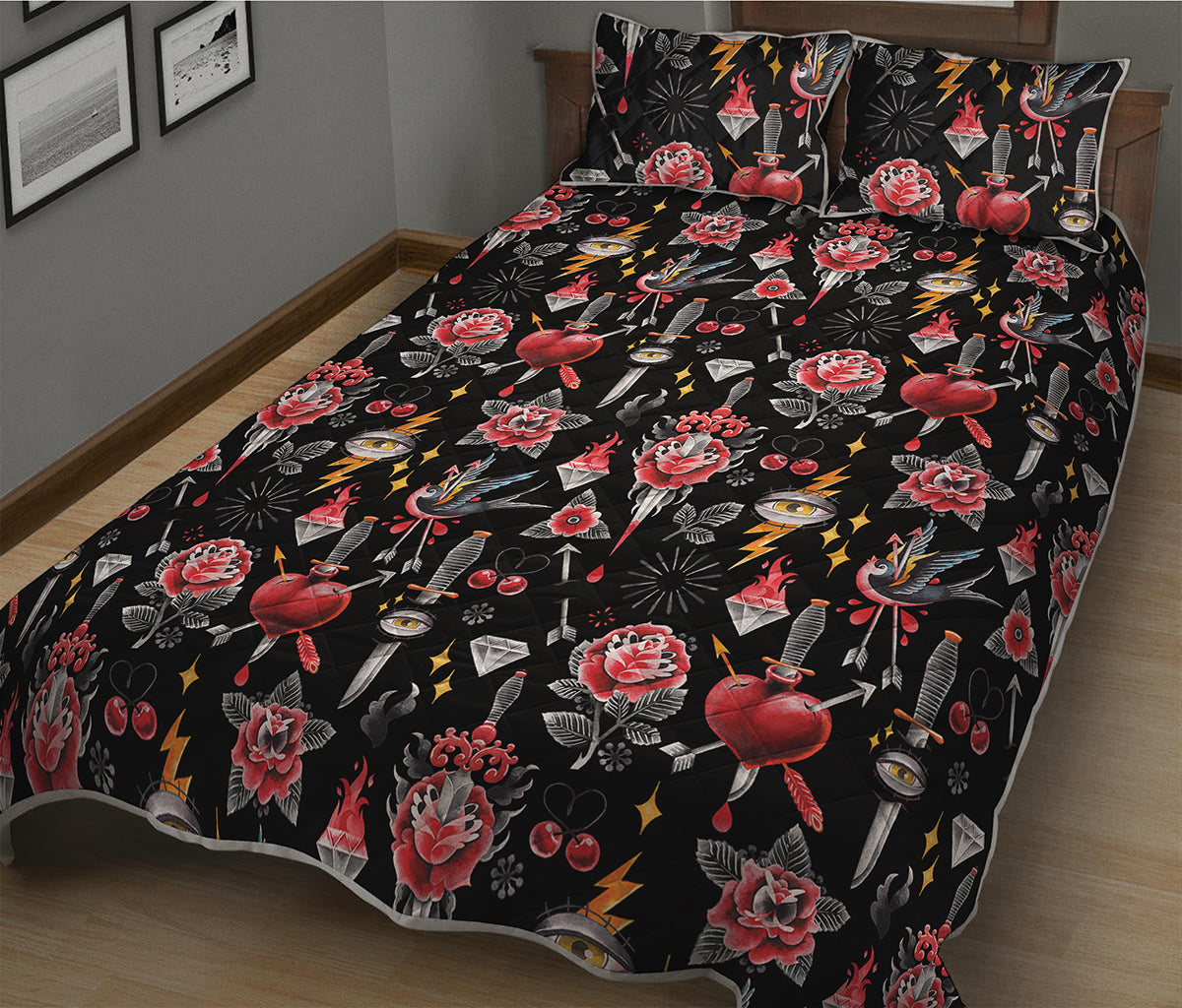 Watercolor Tattoo Print Quilt Bed Set