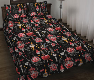 Watercolor Tattoo Print Quilt Bed Set