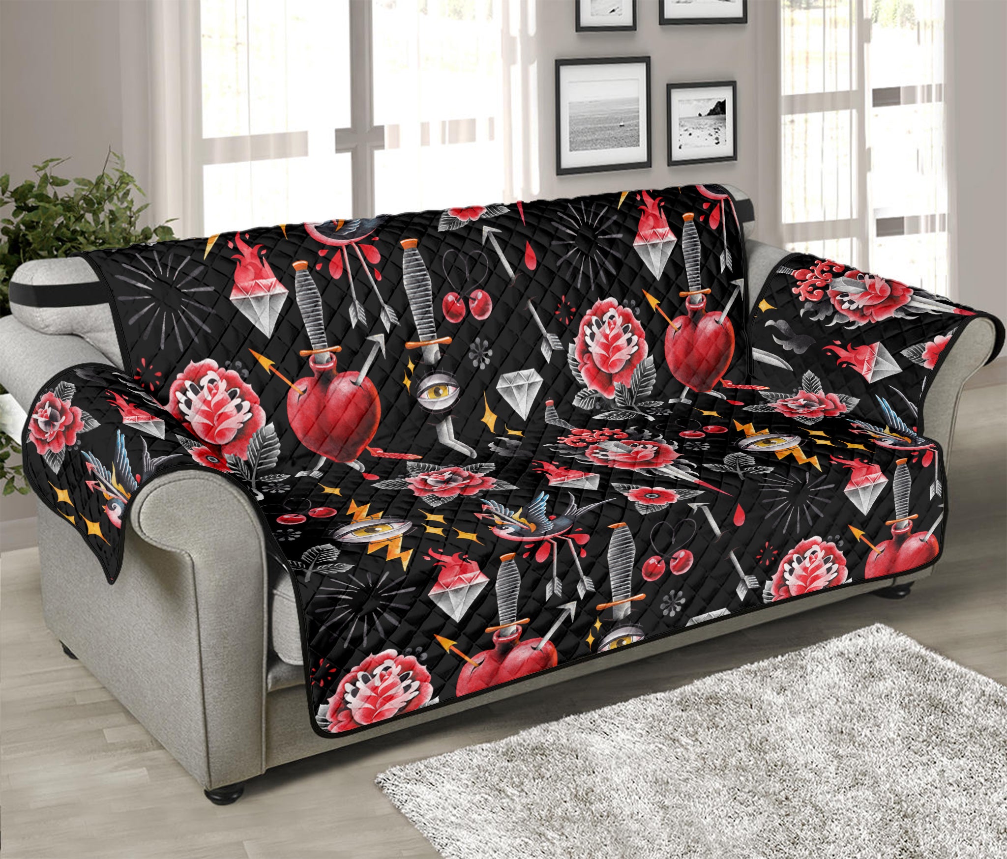 Watercolor Tattoo Print Sofa Protector