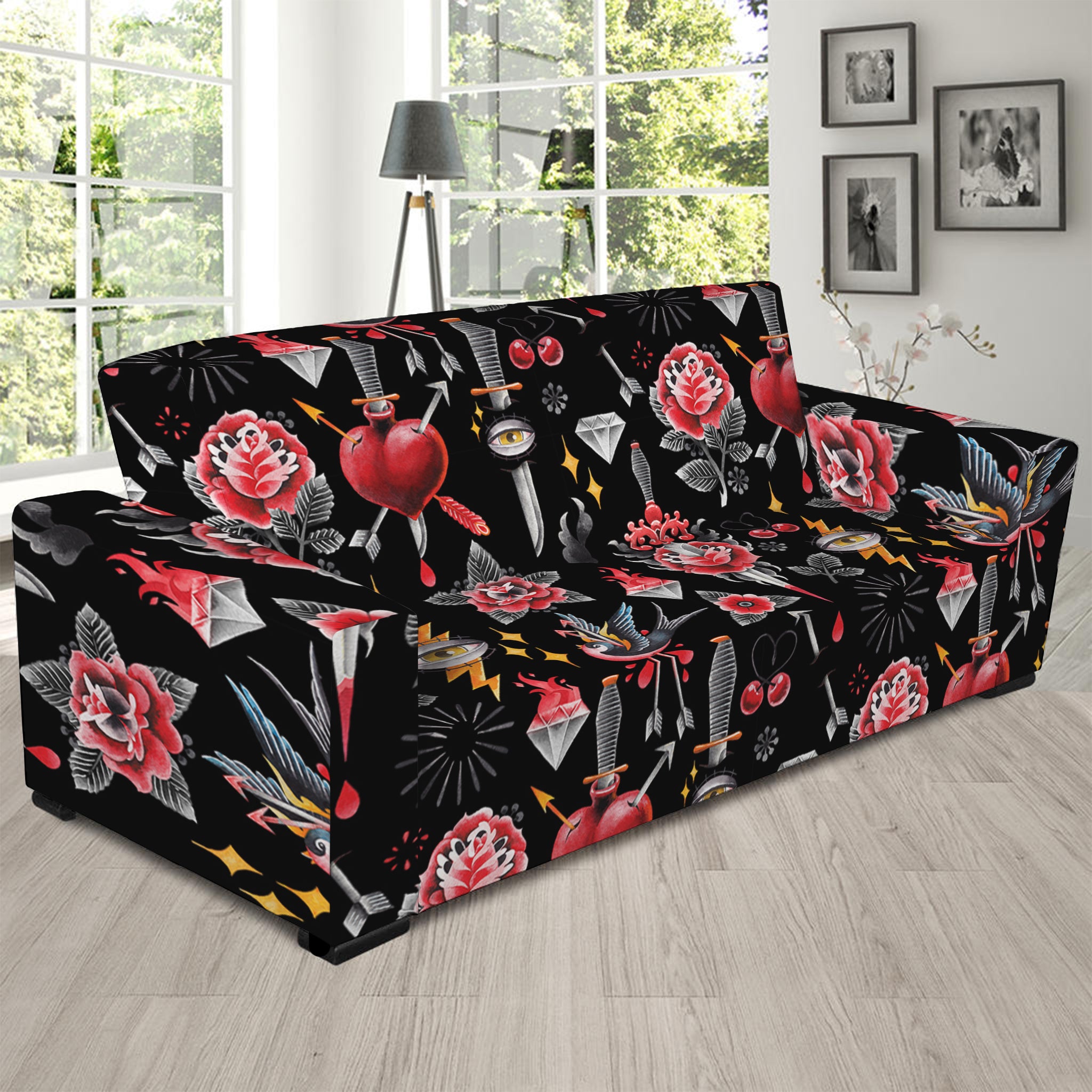 Watercolor Tattoo Print Sofa Slipcover