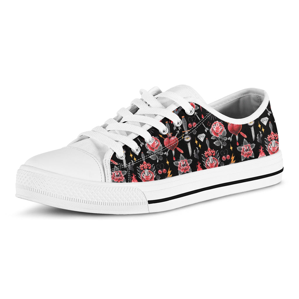 Watercolor Tattoo Print White Low Top Shoes