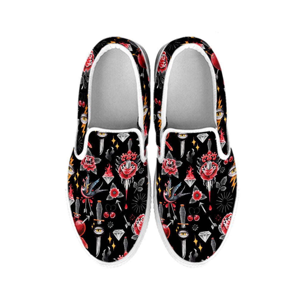 Watercolor Tattoo Print White Slip On Shoes