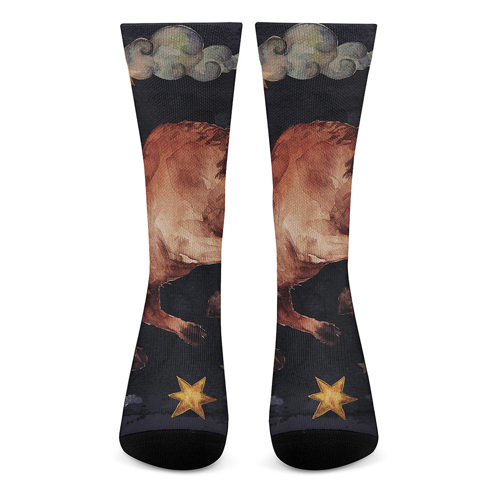 Watercolor Taurus Zodiac Sign Print Crew Socks