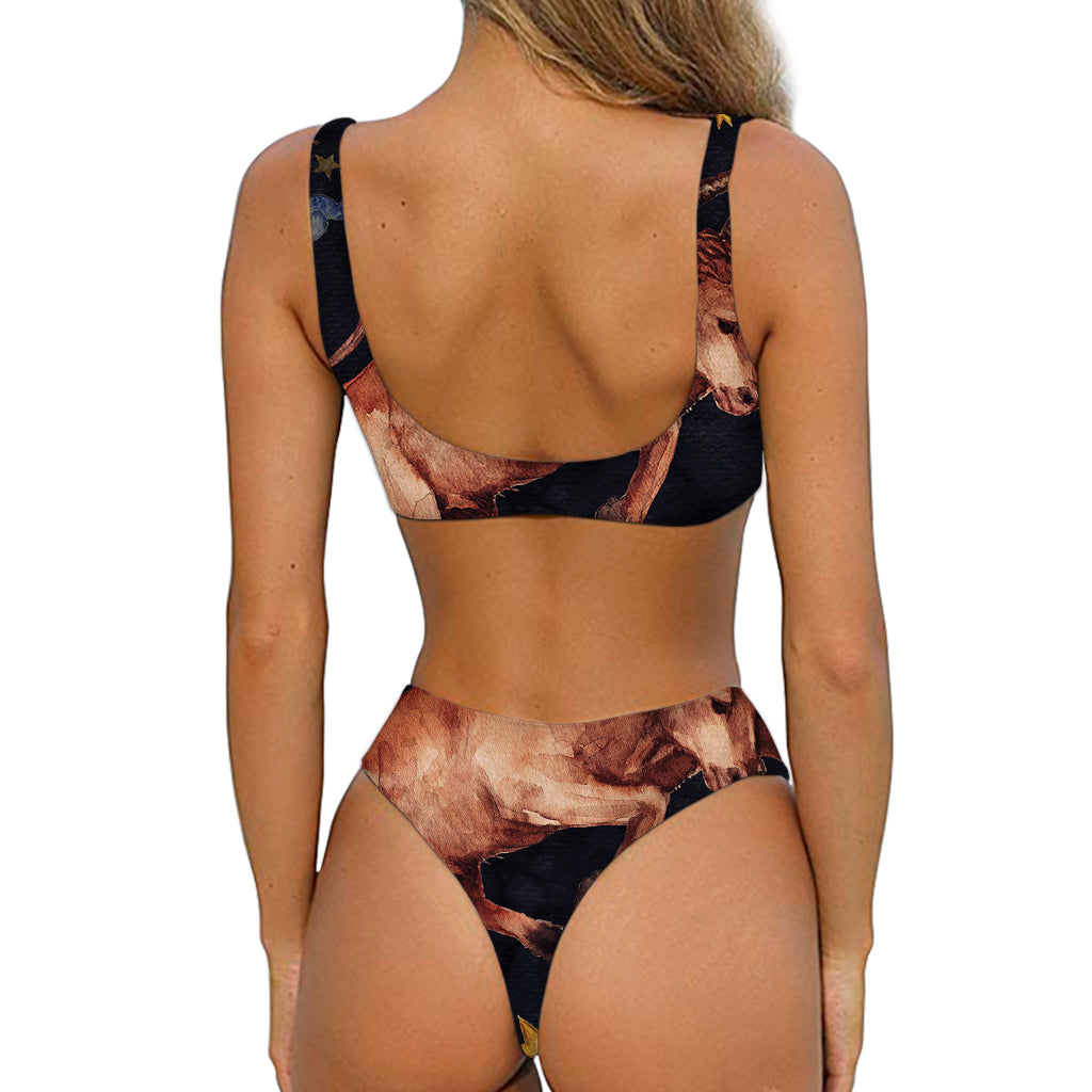 Watercolor Taurus Zodiac Sign Print Front Bow Tie Bikini