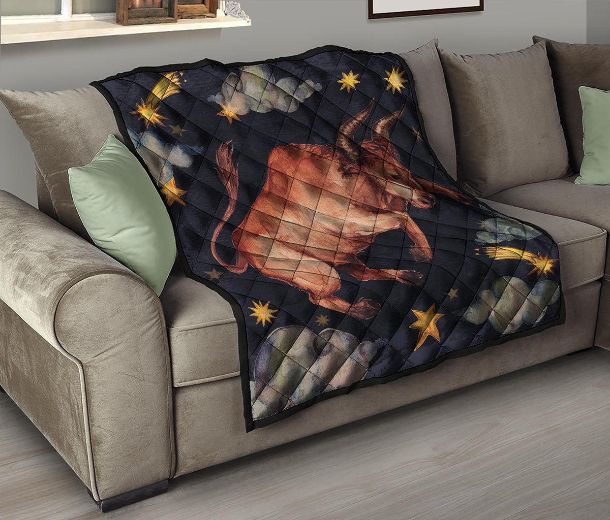 Watercolor Taurus Zodiac Sign Print Quilt