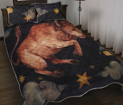 Watercolor Taurus Zodiac Sign Print Quilt Bed Set