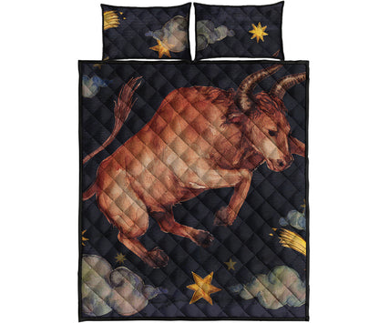 Watercolor Taurus Zodiac Sign Print Quilt Bed Set
