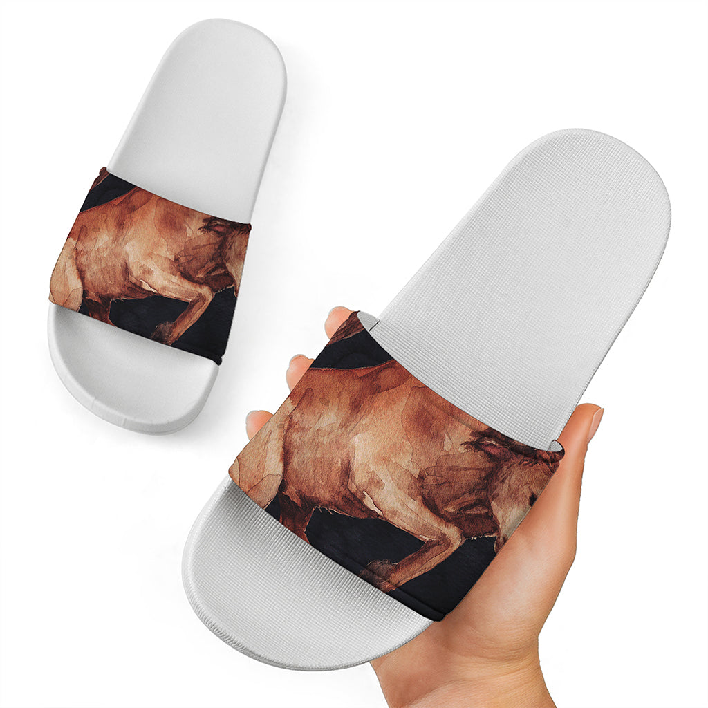 Watercolor Taurus Zodiac Sign Print White Slide Sandals
