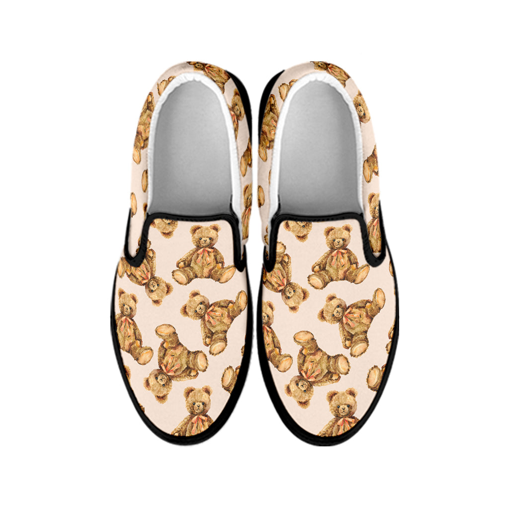 Watercolor Teddy Bear Pattern Print Black Slip On Shoes