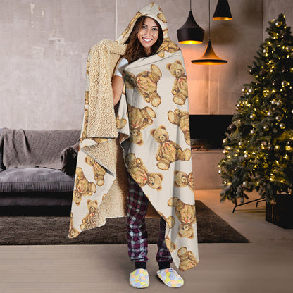 Watercolor Teddy Bear Pattern Print Hooded Blanket