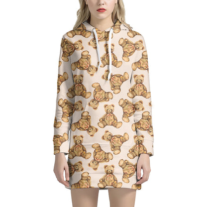 Watercolor Teddy Bear Pattern Print Hoodie Dress