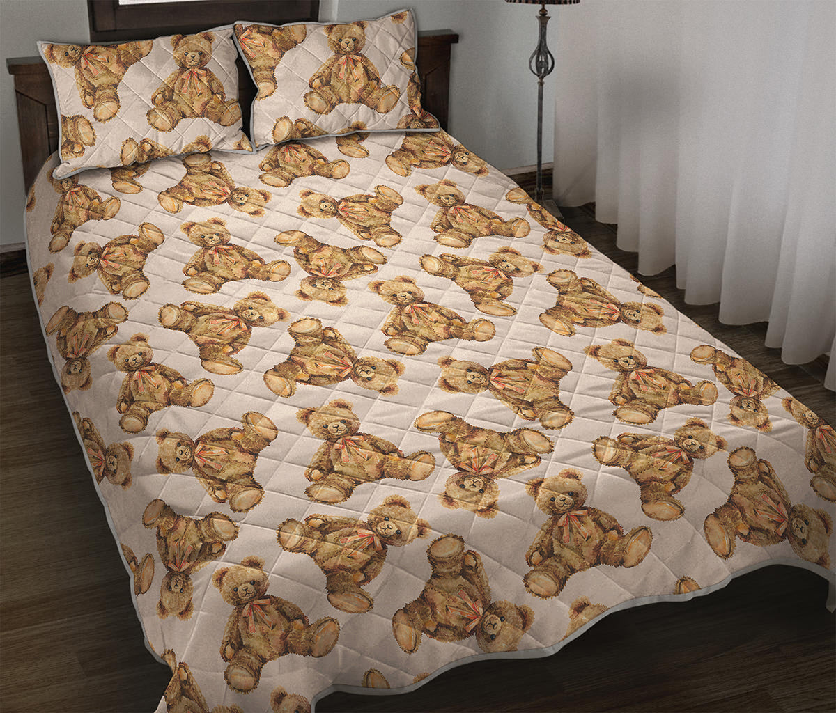 Watercolor Teddy Bear Pattern Print Quilt Bed Set