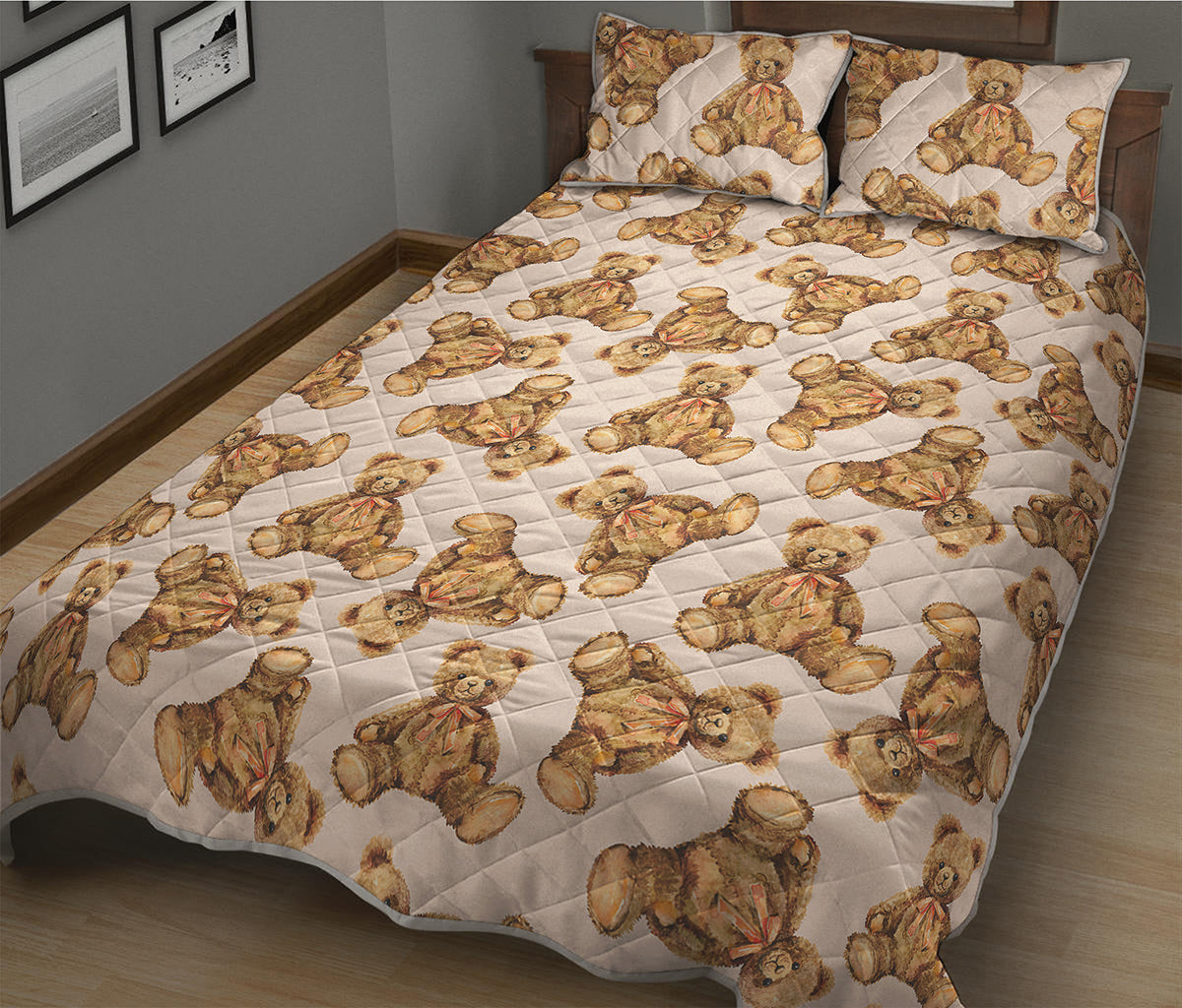 Watercolor Teddy Bear Pattern Print Quilt Bed Set