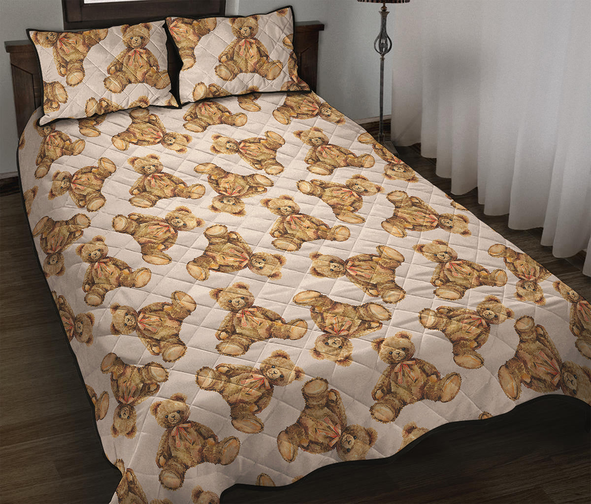 Watercolor Teddy Bear Pattern Print Quilt Bed Set