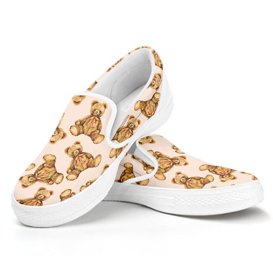 Watercolor Teddy Bear Pattern Print White Slip On Shoes