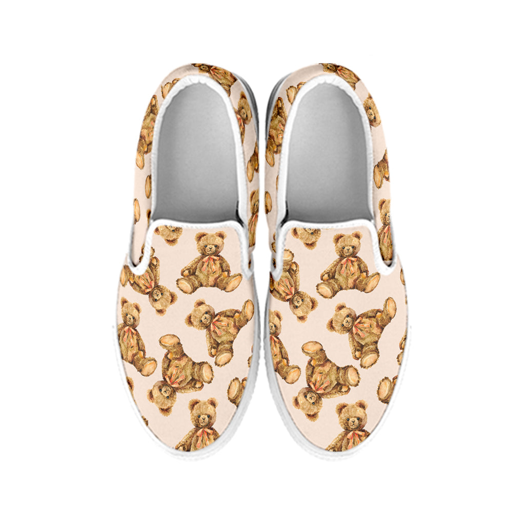 Watercolor Teddy Bear Pattern Print White Slip On Shoes