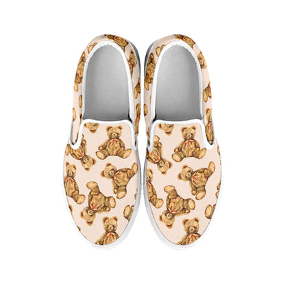 Watercolor Teddy Bear Pattern Print White Slip On Shoes