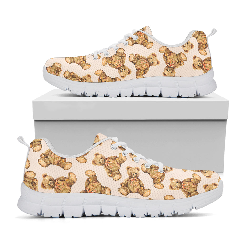 Watercolor Teddy Bear Pattern Print White Sneakers