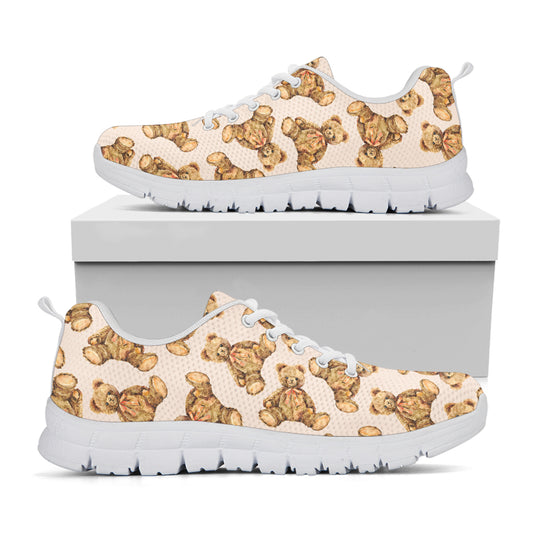 Watercolor Teddy Bear Pattern Print White Sneakers