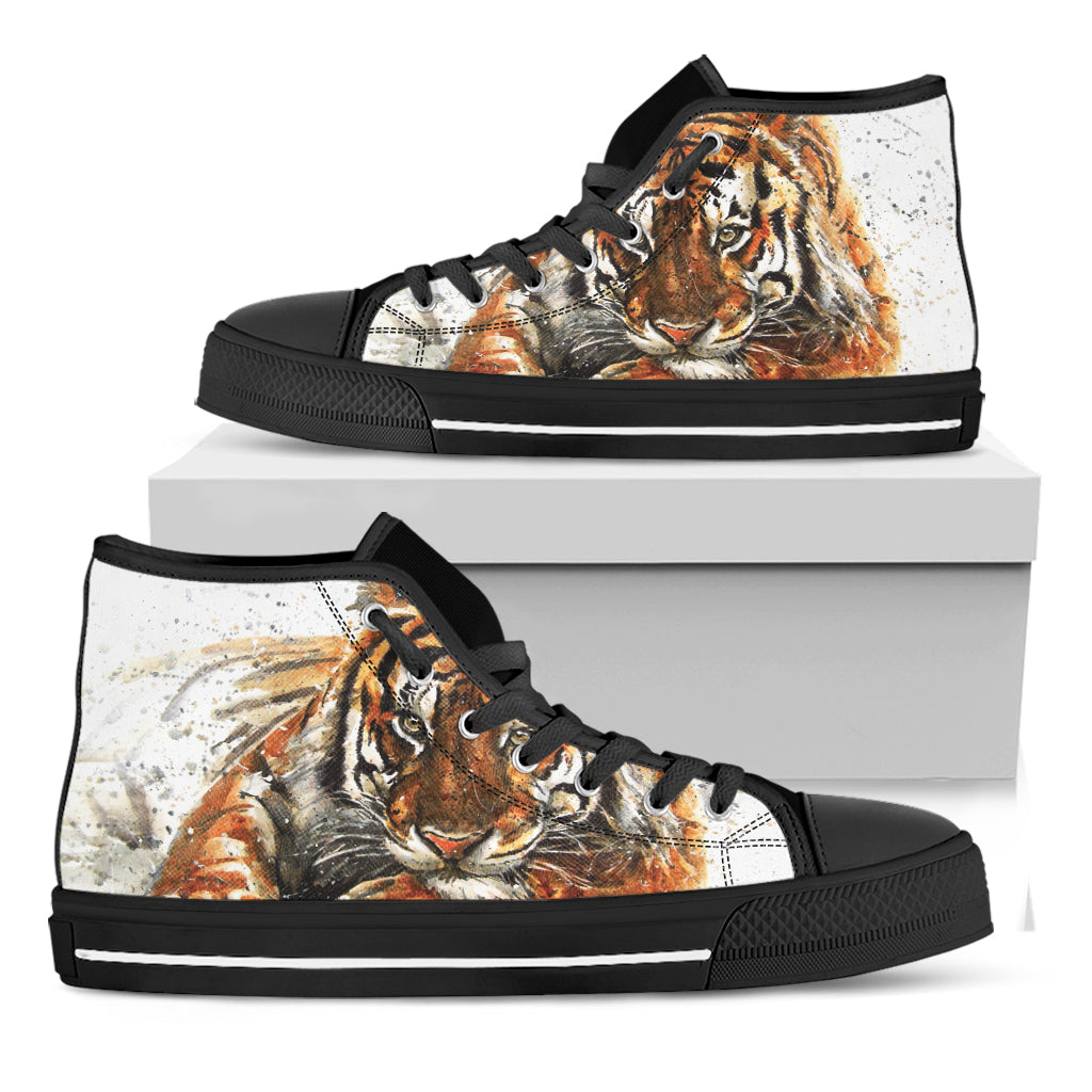 Watercolor Tiger Print Black High Top Shoes