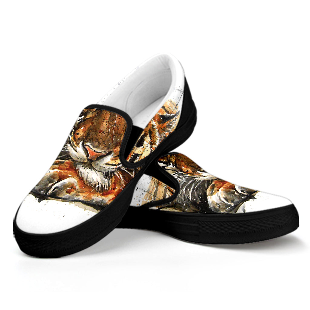 Watercolor Tiger Print Black Slip On Shoes