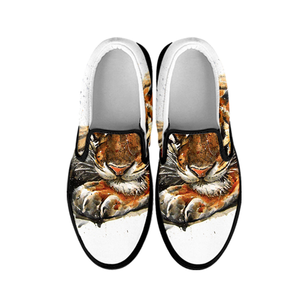 Watercolor Tiger Print Black Slip On Shoes