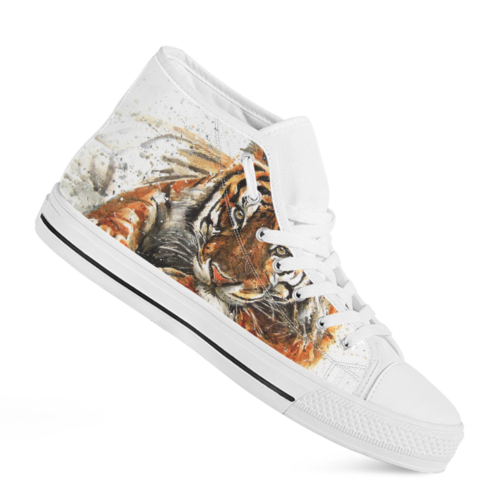 Watercolor Tiger Print White High Top Shoes