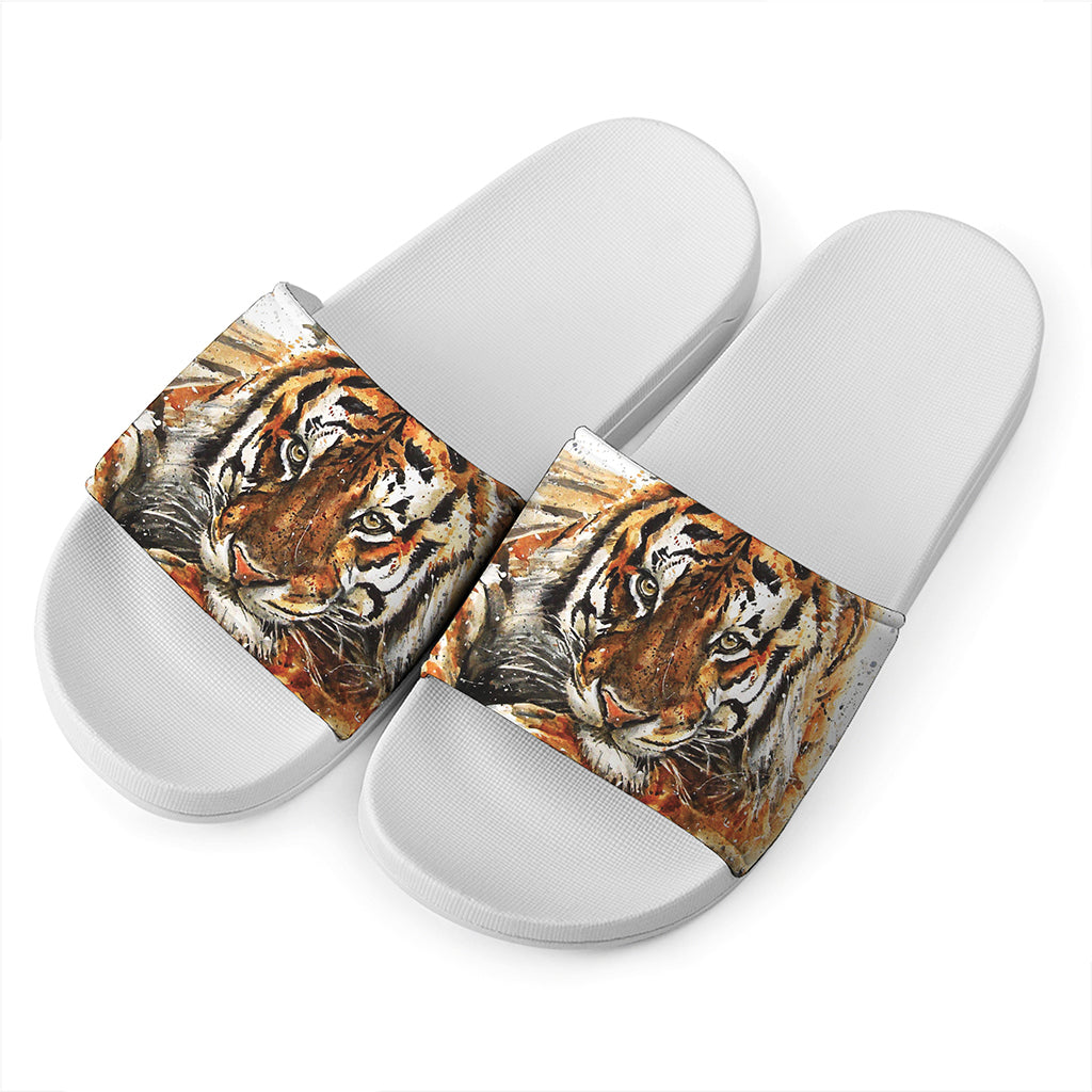 Watercolor Tiger Print White Slide Sandals