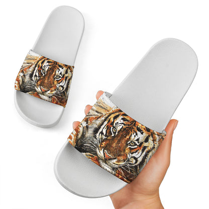 Watercolor Tiger Print White Slide Sandals