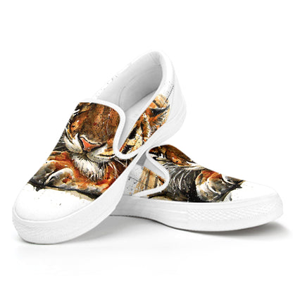 Watercolor Tiger Print White Slip On Shoes