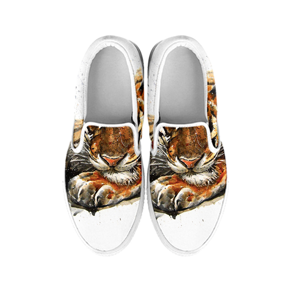 Watercolor Tiger Print White Slip On Shoes