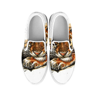 Watercolor Tiger Print White Slip On Shoes