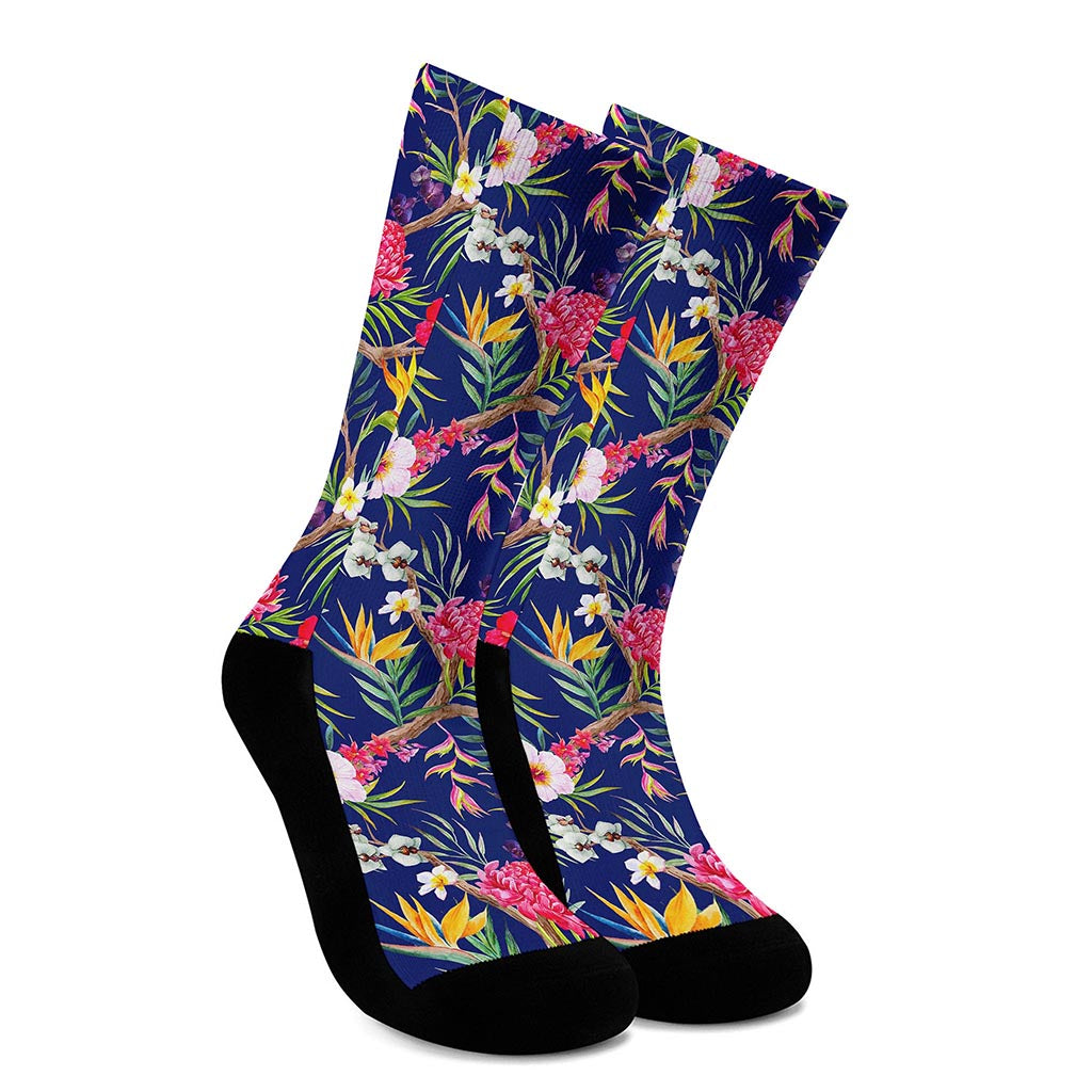 Watercolor Tropical Flower Pattern Print Crew Socks