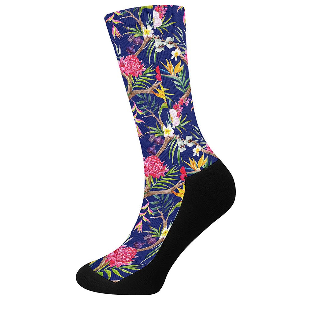 Watercolor Tropical Flower Pattern Print Crew Socks